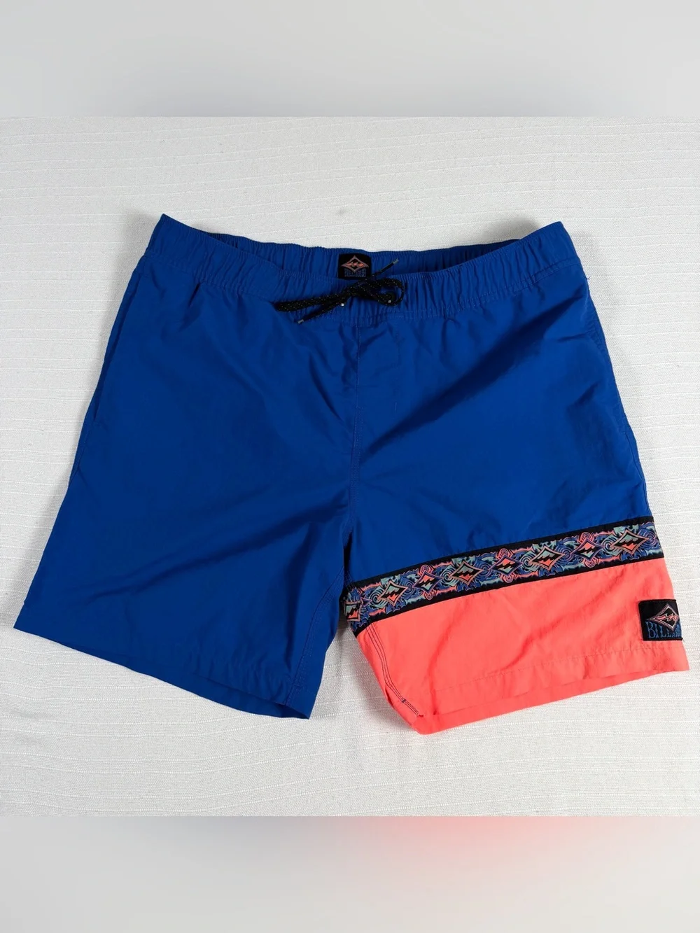 Vintage Billabong Blue & Coral Orange Tribal Stripe Boardshorts - Men's Medium